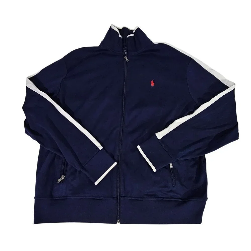 Polo Ralph Lauren Navy Track Jacket XL Full-Zip Cotton Blend With White Stripes